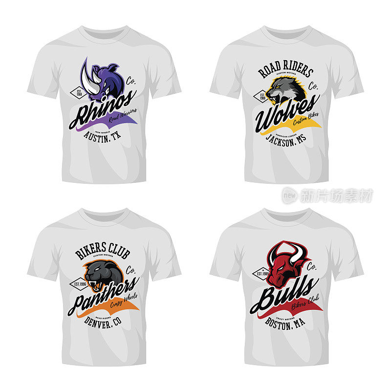 Vintage American furious bull, wolf, panther, rhino bikers club t恤打印矢量设计孤立的白色t恤模型。